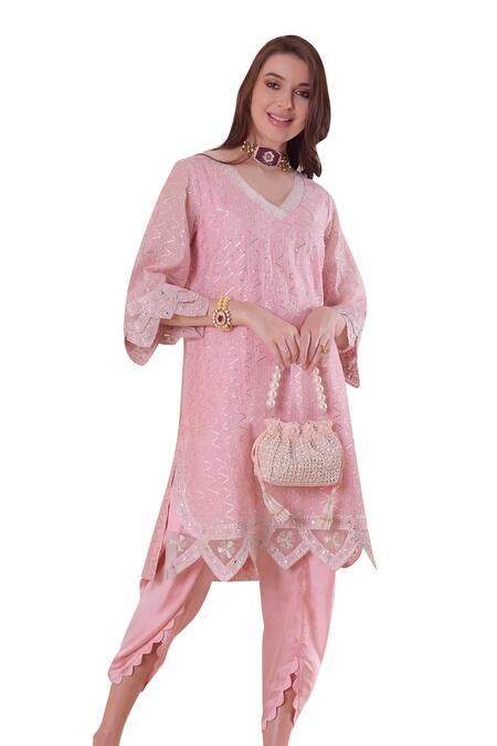 Buy_Surabhi Arya_Pink Chanderi, Organza Gota Patti, Sequins, Mirrors, Border Kurta Set _Online_at_Aza_Fashions
