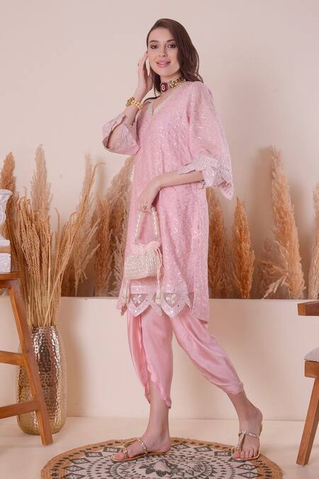 Buy_Surabhi Arya_Pink Chanderi, Organza Gota Patti, Sequins, Mirrors, Border Kurta Set 