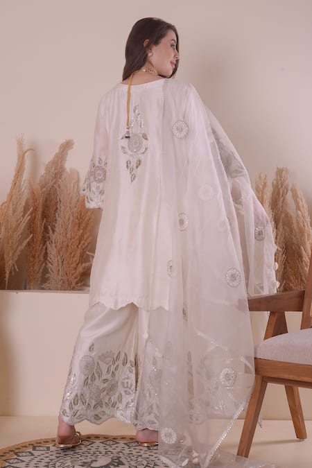 Shop_Surabhi Arya_Ivory Organza, Bamboo Embroidery, Cut Work Keyhole Neck Zari Kurta Sharara Set _at_Aza_Fashions