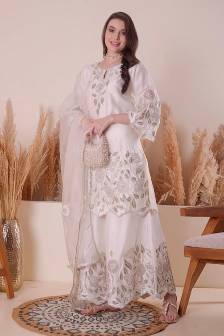 Shop_Surabhi Arya_Ivory Organza, Bamboo Embroidery, Cut Work Keyhole Neck Zari Kurta Sharara Set _Online_at_Aza_Fashions