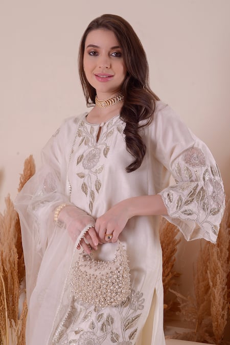 Surabhi Arya_Ivory Organza, Bamboo Embroidery, Cut Work Keyhole Neck Zari Kurta Sharara Set _at_Aza_Fashions