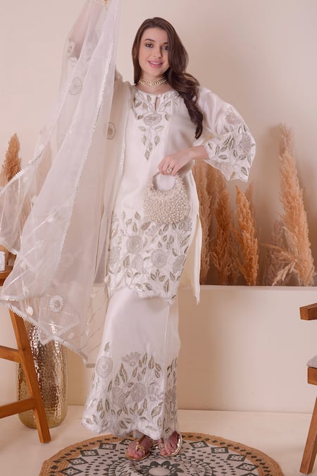 Buy_Surabhi Arya_Ivory Organza, Bamboo Embroidery, Cut Work Keyhole Neck Zari Kurta Sharara Set 