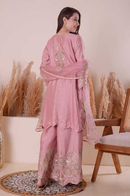 Shop Surabhi Arya Pink Silk, Organza, Bamboo Embroidery, Gota Patti, Floral Kurta Sharara Set at Aza Fashions Shop_Surabhi Arya_Pink Silk, Organza, Bamboo Embroidery, Gota Patti, Floral Kurta Sharara Set _at_Aza_Fashions
