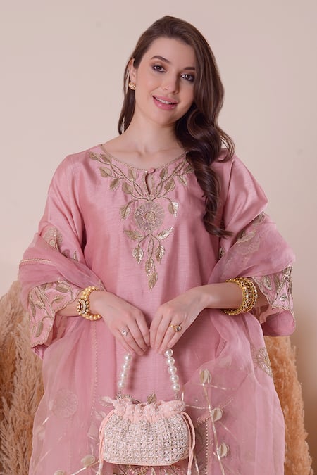Surabhi Arya Pink Silk, Organza, Bamboo Embroidery, Gota Patti, Floral Kurta Sharara Set Online at Aza Fashions Surabhi Arya_Pink Silk, Organza, Bamboo Embroidery, Gota Patti, Floral Kurta Sharara Set _Online_at_Aza_Fashions