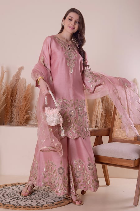 Buy Surabhi Arya Pink Silk, Organza, Bamboo Embroidery, Gota Patti, Floral Kurta Sharara Set Online at Aza Fashions Buy_Surabhi Arya_Pink Silk, Organza, Bamboo Embroidery, Gota Patti, Floral Kurta Sharara Set _Online_at_Aza_Fashions