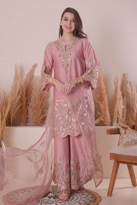 Shop Surabhi Arya Pink Silk, Organza, Bamboo Embroidery, Gota Patti, Floral Kurta Sharara Set Online at Aza Fashions Shop_Surabhi Arya_Pink Silk, Organza, Bamboo Embroidery, Gota Patti, Floral Kurta Sharara Set _Online_at_Aza_Fashions