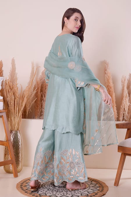 Shop_Surabhi Arya_Blue Bamboo, Organza Embroidery, Gota Patti, Zari Keyhole Neck Kurta Sharara Set _at_Aza_Fashions