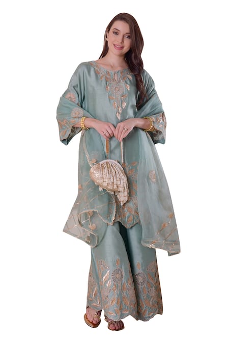 Buy_Surabhi Arya_Blue Bamboo, Organza Embroidery, Gota Patti, Zari Keyhole Neck Kurta Sharara Set _Online_at_Aza_Fashions