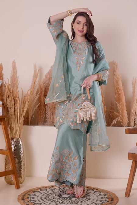 Shop_Surabhi Arya_Blue Bamboo, Organza Embroidery, Gota Patti, Zari Keyhole Neck Kurta Sharara Set _Online_at_Aza_Fashions