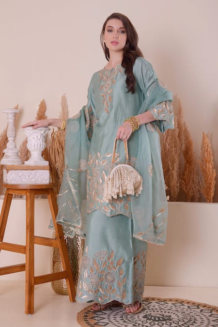 Surabhi Arya_Blue Bamboo, Organza Embroidery, Gota Patti, Zari Keyhole Neck Kurta Sharara Set _at_Aza_Fashions