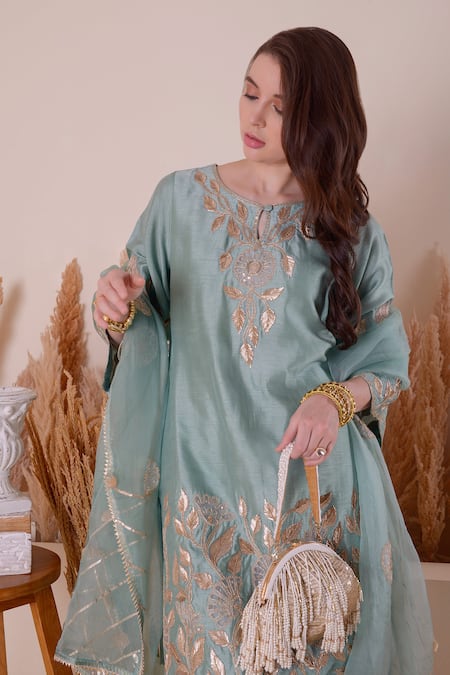 Buy_Surabhi Arya_Blue Bamboo, Organza Embroidery, Gota Patti, Zari Keyhole Neck Kurta Sharara Set 