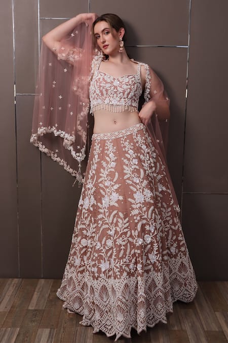 Shop_Sayisha_Peach Net Sequins, Embroidery Sweetheart Neck Hand Blouse Lehenga Set _at_Aza_Fashions