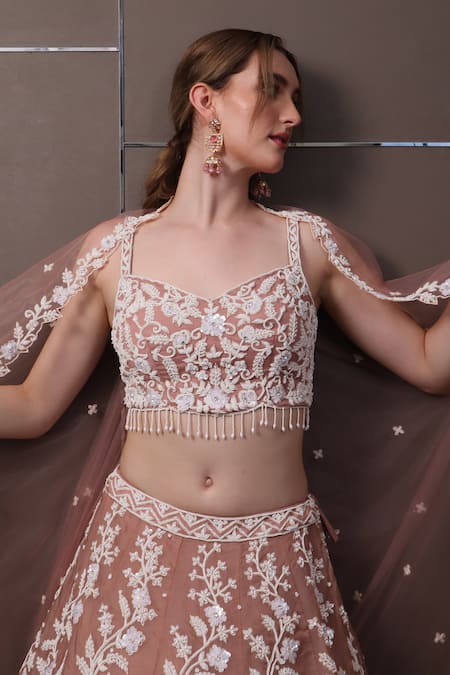 Buy_Sayisha_Peach Net Sequins, Embroidery Sweetheart Neck Hand Blouse Lehenga Set _Online_at_Aza_Fashions