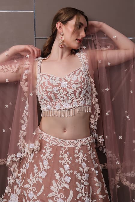 Shop_Sayisha_Peach Net Sequins, Embroidery Sweetheart Neck Hand Blouse Lehenga Set _Online_at_Aza_Fashions