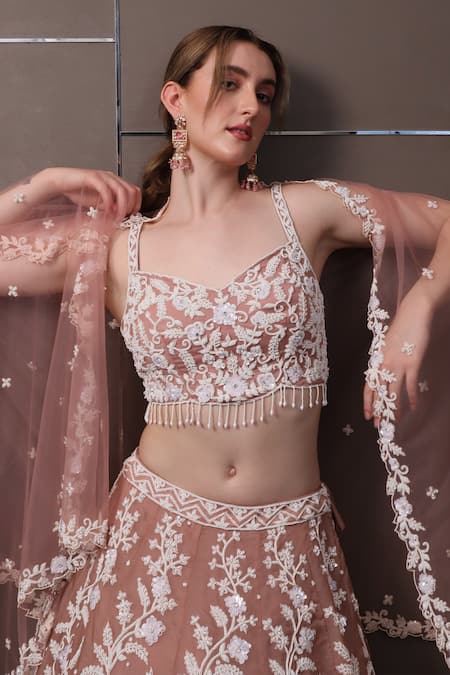 Sayisha_Peach Net Sequins, Embroidery Sweetheart Neck Hand Blouse Lehenga Set _at_Aza_Fashions