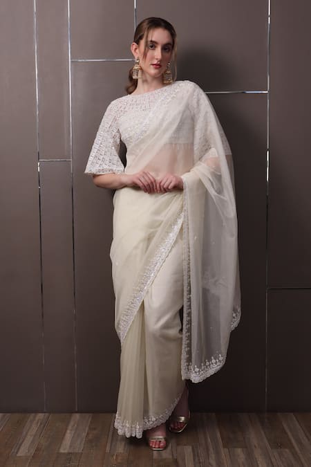 Sayisha Off White Chiffon Embroidery, Sequins Boat Neck Hand Saree With Blouse 