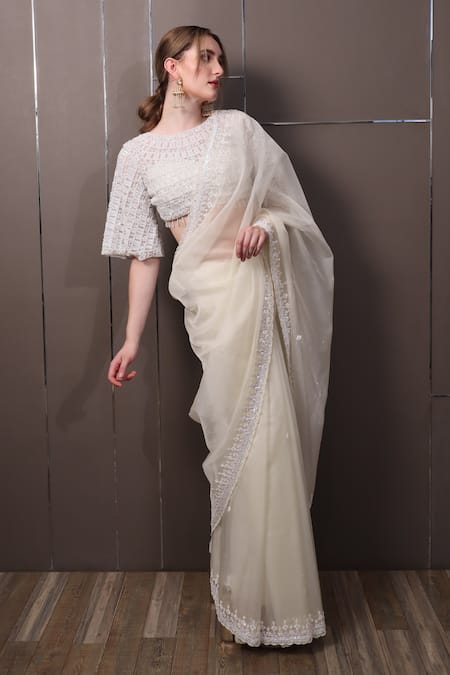 Shop_Sayisha_Off White Chiffon Embroidery, Sequins Boat Neck Hand Saree With Blouse _at_Aza_Fashions