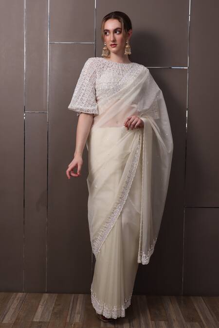 Sayisha_Off White Chiffon Embroidery, Sequins Boat Neck Hand Saree With Blouse _Online_at_Aza_Fashions