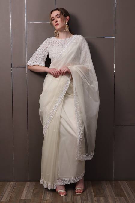 Buy_Sayisha_Off White Chiffon Embroidery, Sequins Boat Neck Hand Saree With Blouse _Online_at_Aza_Fashions