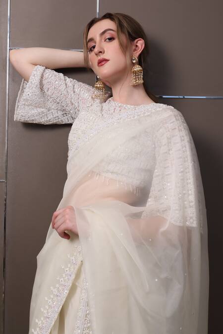 Shop_Sayisha_Off White Chiffon Embroidery, Sequins Boat Neck Hand Saree With Blouse _Online_at_Aza_Fashions