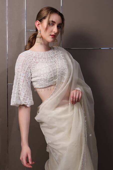Sayisha_Off White Chiffon Embroidery, Sequins Boat Neck Hand Saree With Blouse _at_Aza_Fashions