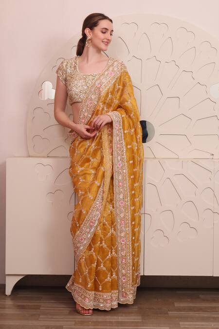 Shop_Sayisha_Yellow Organza Sequins, Embroidery Round Neck Floral Hand Work Saree With Blouse_at_Aza_Fashions