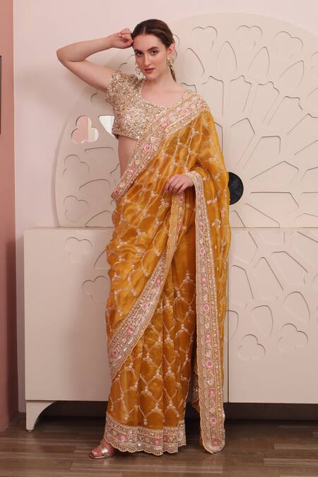 Sayisha_Yellow Organza Sequins, Embroidery Round Neck Floral Hand Work Saree With Blouse_Online_at_Aza_Fashions