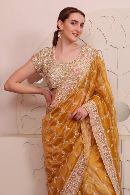 Buy_Sayisha_Yellow Organza Sequins, Embroidery Round Neck Floral Hand Work Saree With Blouse_Online_at_Aza_Fashions