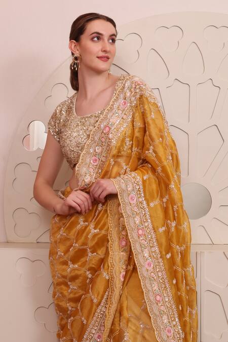 Shop_Sayisha_Yellow Organza Sequins, Embroidery Round Neck Floral Hand Work Saree With Blouse_Online_at_Aza_Fashions