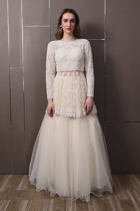 Sayisha_Off White Net Embroidery, Sequins Boat Neck Hand Kurta Lehenga Set_Online_at_Aza_Fashions
