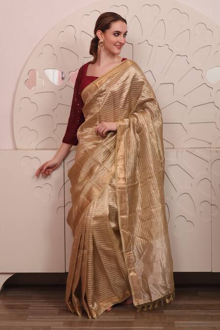 Sayisha_Brown Organza Sequins, Embroidery Square Neck Floral Woven Saree With Blouse_Online_at_Aza_Fashions