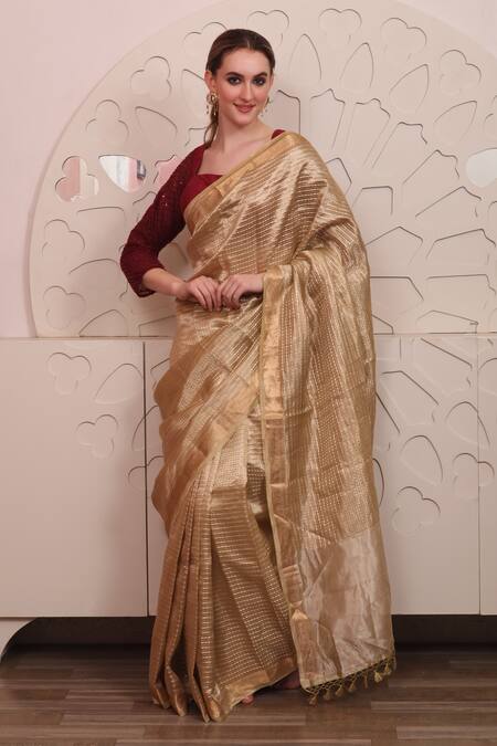 Buy_Sayisha_Brown Organza Sequins, Embroidery Square Neck Floral Woven Saree With Blouse_Online_at_Aza_Fashions