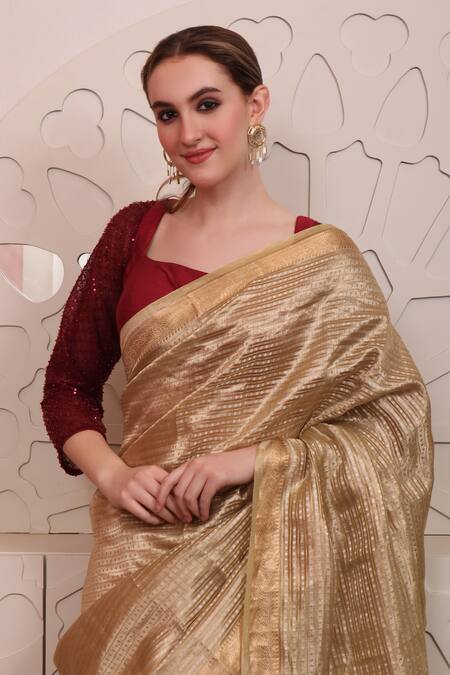 Shop_Sayisha_Brown Organza Sequins, Embroidery Square Neck Floral Woven Saree With Blouse_Online_at_Aza_Fashions