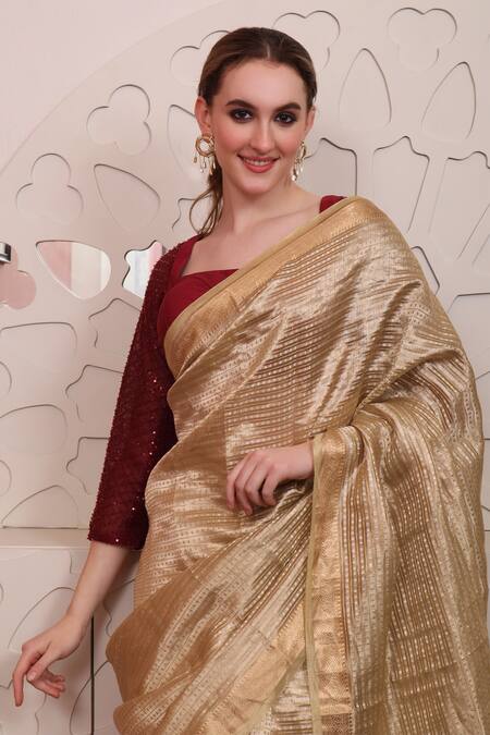 Sayisha_Brown Organza Sequins, Embroidery Square Neck Floral Woven Saree With Blouse_at_Aza_Fashions