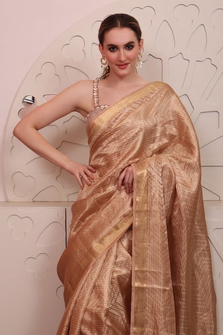Buy_Sayisha_Gold Organza Sequins, Embroidery Square Neck Zigzag Pattern Saree With Blouse_Online_at_Aza_Fashions