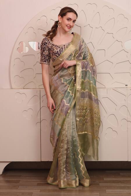 Shop_Sayisha_Multi Color Organza Embroidered Zigzag Round Saree With Blouse_at_Aza_Fashions
