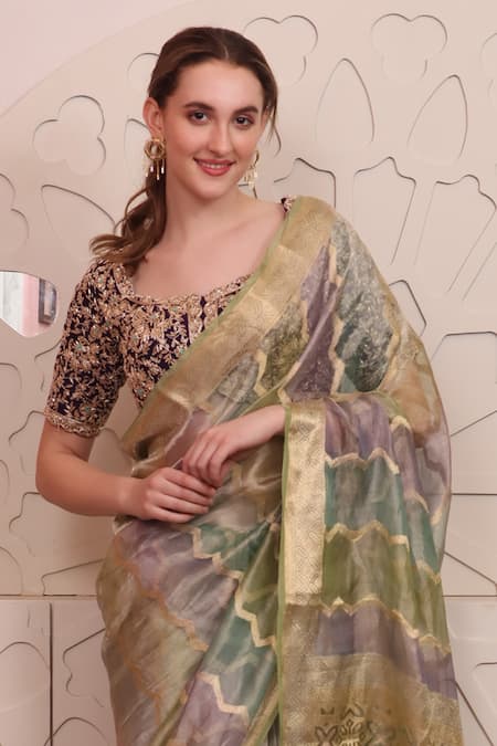 Sayisha_Multi Color Organza Embroidered Zigzag Round Saree With Blouse_Online_at_Aza_Fashions