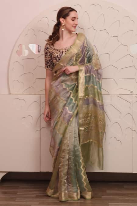 Buy_Sayisha_Multi Color Organza Embroidered Zigzag Round Saree With Blouse_Online_at_Aza_Fashions