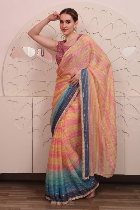Sayisha_Multi Color Chinon Embroidered Floral Square Neck Saree With Blouse_Online_at_Aza_Fashions