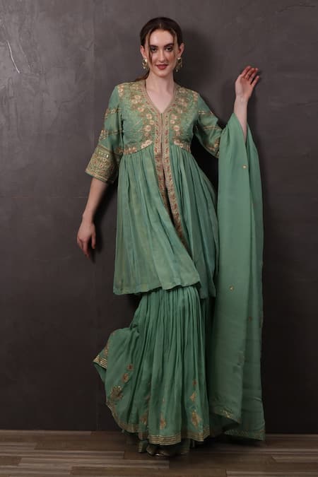 SAYISHA Green Crepe Embroidered Floral V Neck Kurta Palazzo Set 