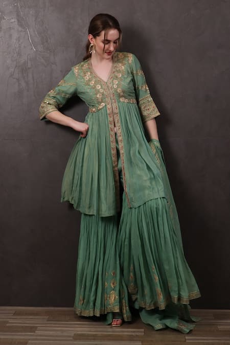 Shop_Sayisha_Green Crepe Embroidery, Sequins V-neck Kurta Palazzo Set _at_Aza_Fashions