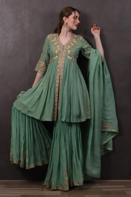 Sayisha_Green Crepe Embroidery, Sequins V-neck Kurta Palazzo Set _Online_at_Aza_Fashions