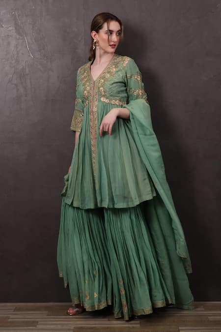 Buy_Sayisha_Green Crepe Embroidery, Sequins V-neck Kurta Palazzo Set _Online_at_Aza_Fashions