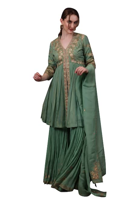 Shop_Sayisha_Green Crepe Embroidery, Sequins V-neck Kurta Palazzo Set _Online_at_Aza_Fashions