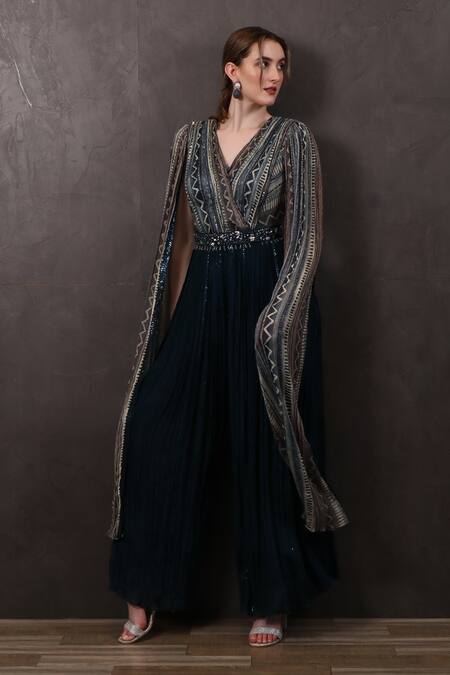 Sayisha_Blue Chinon Hand Embroidered Beads V Neck Jumpsuit_Online_at_Aza_Fashions