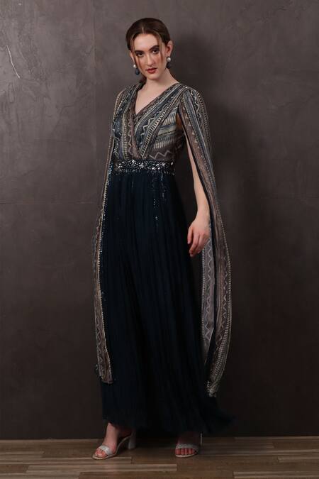 Buy_Sayisha_Blue Chinon Hand Embroidered Beads V Neck Jumpsuit_Online_at_Aza_Fashions