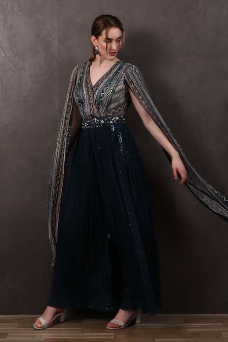 Shop_Sayisha_Blue Chinon Hand Embroidered Beads V Neck Jumpsuit_Online_at_Aza_Fashions