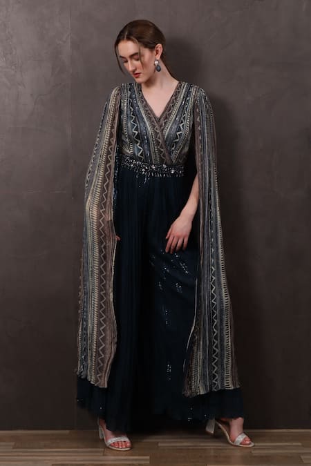 Sayisha_Blue Chinon Hand Embroidered Beads V Neck Jumpsuit_at_Aza_Fashions