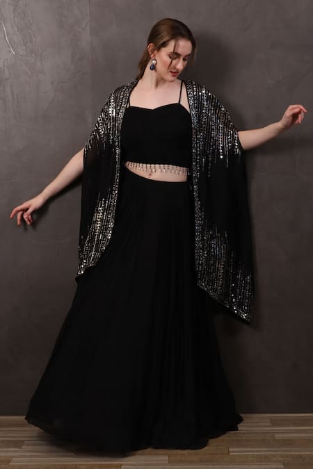 Shop_Sayisha_Black Chiffon Sequins, Beads Sweetheart Neck Hem Embroidered Blouse Lehenga Set _at_Aza_Fashions