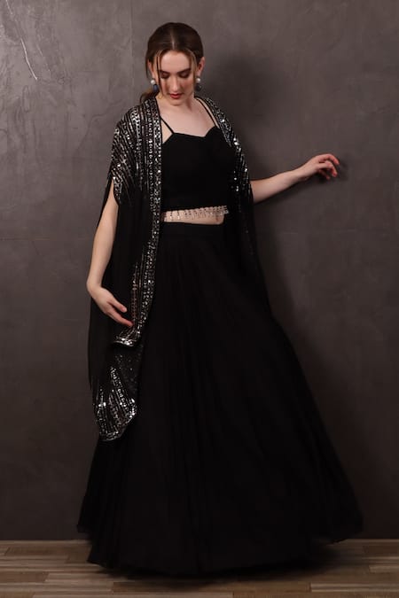 Sayisha_Black Chiffon Sequins, Beads Sweetheart Neck Hem Embroidered Blouse Lehenga Set _Online_at_Aza_Fashions